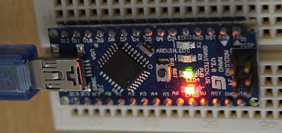 Arduino Nano V3.0 top view (small breadboard-friendly board)